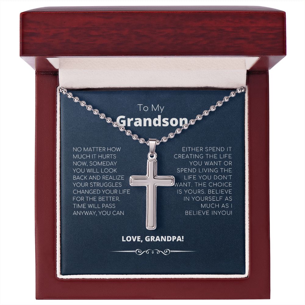 To My Grandson - ''Believe In Yourself'' - Cross Necklace with Ball Chain For Grandson